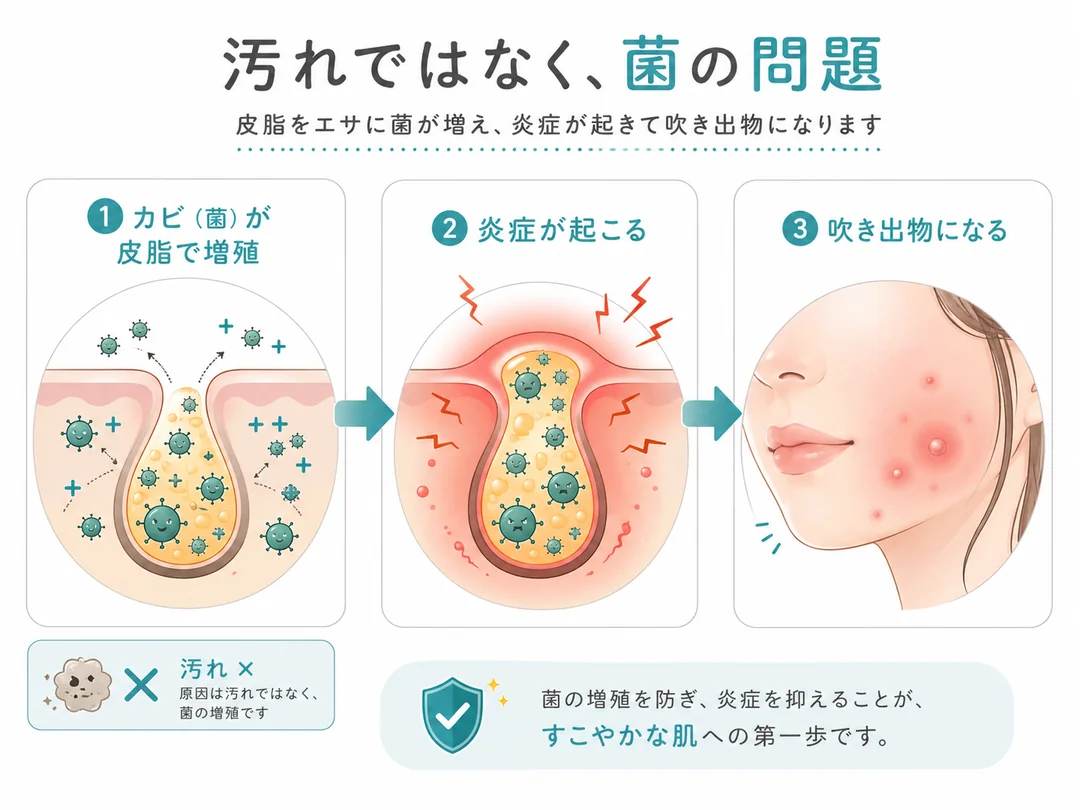 汚れではなく菌の問題：菌が皮脂で増殖し、炎症が起きて吹き出物になる仕組みの図解