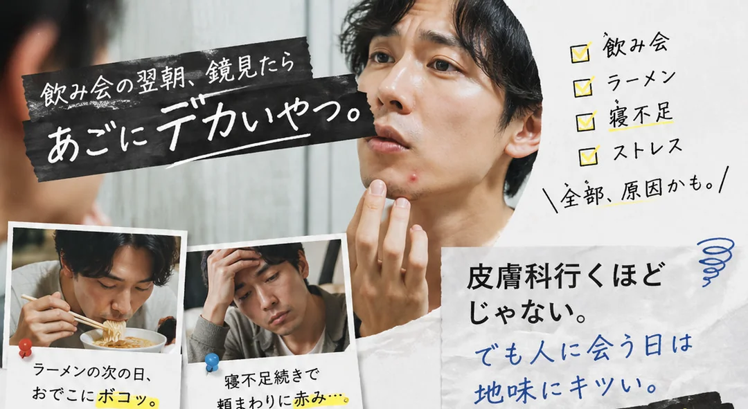 飲み会の翌朝、鏡見たらあごにデカいやつ。ラーメン・寝不足・ストレスが原因かも